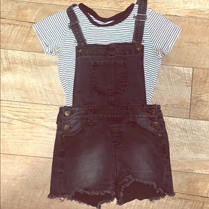 cute overalls with black and white shirt